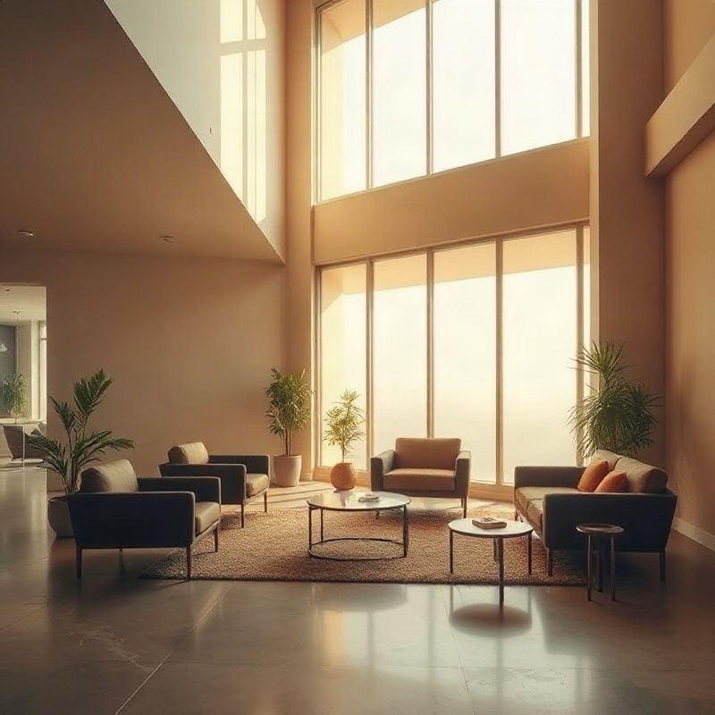 Lounge de andar corporativo silencioso em São Paulo com luz âmbar
