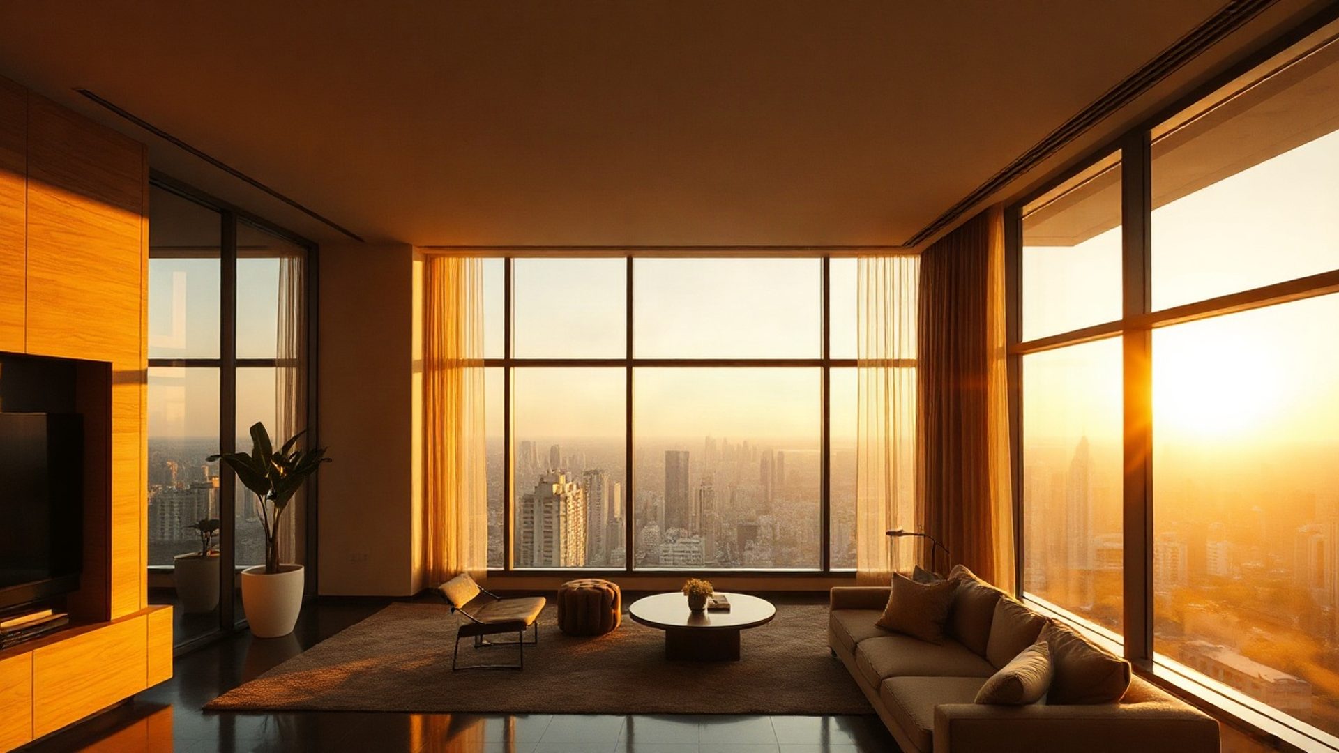 Interior de apartamento paulistano ao entardecer com luz âmbar