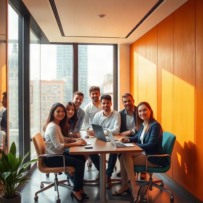 Equipe da Echoforbit em escritório com paredes âmbar em São Paulo